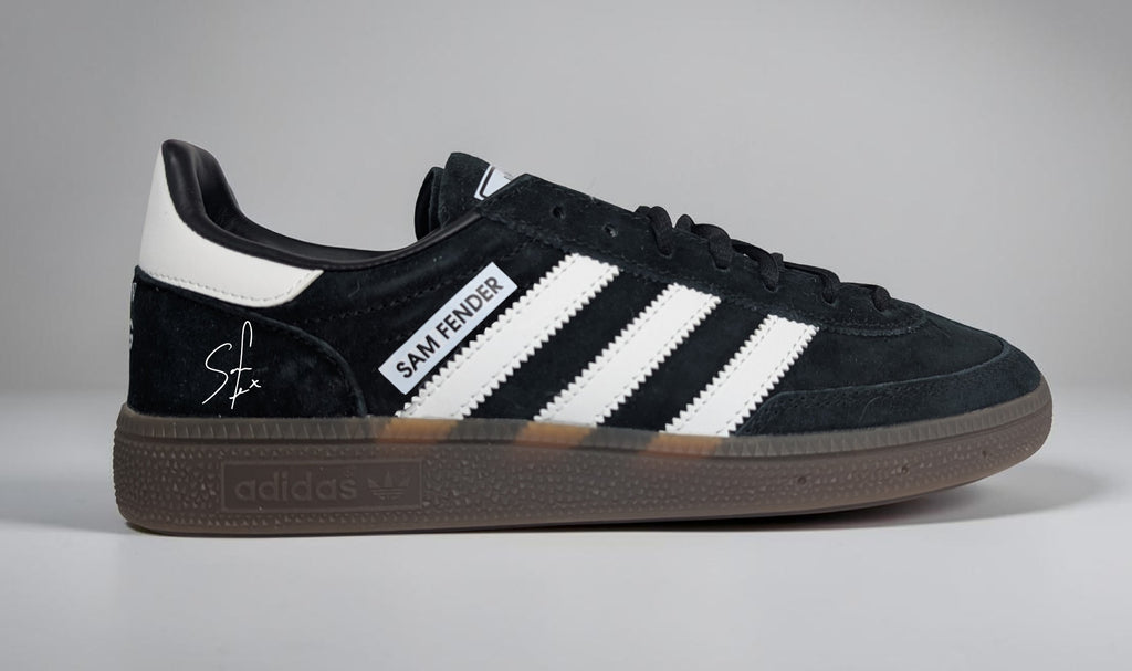 Limited edition Sam Fender black / white Adidas custom Handball Spezial trainers / sneakers