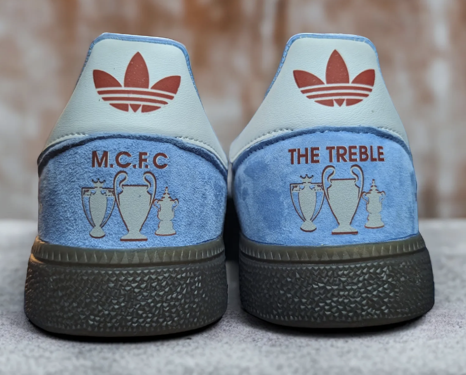 Limited edition Manchester City Treble Winners `23 inspired light blue/ white / burgundy Adidas custom Handball Spezial trainers / sneakers