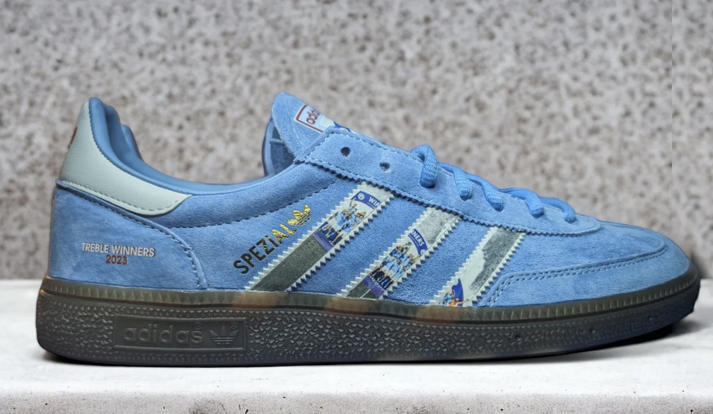 Limited edition Manchester City Treble Winners `23 inspired light blue/ white / burgundy Adidas custom Handball Spezial trainers / sneakers