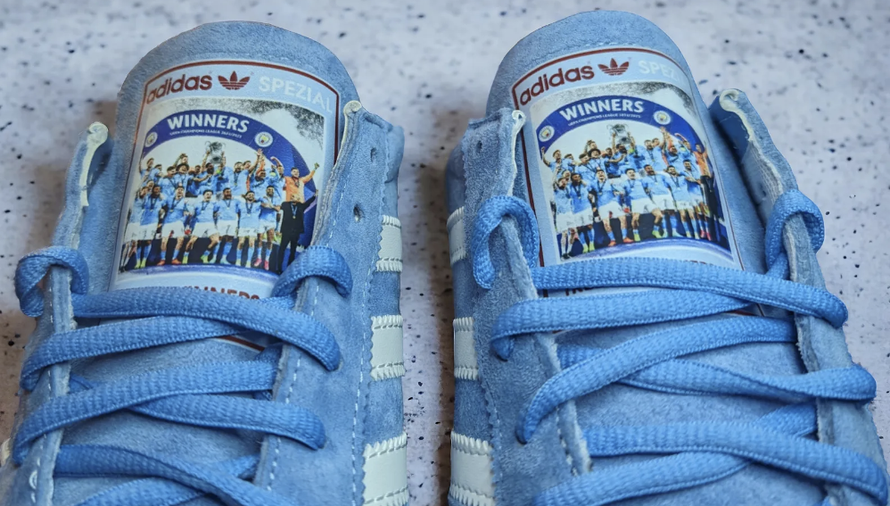 Limited edition Manchester City Treble Winners `23 inspired light blue/ white / burgundy Adidas custom Handball Spezial trainers / sneakers
