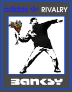 Limited edition Banksy Flower Thrower black/ white/ blue Adidas custom Rivalry Mid trainers / sneakers