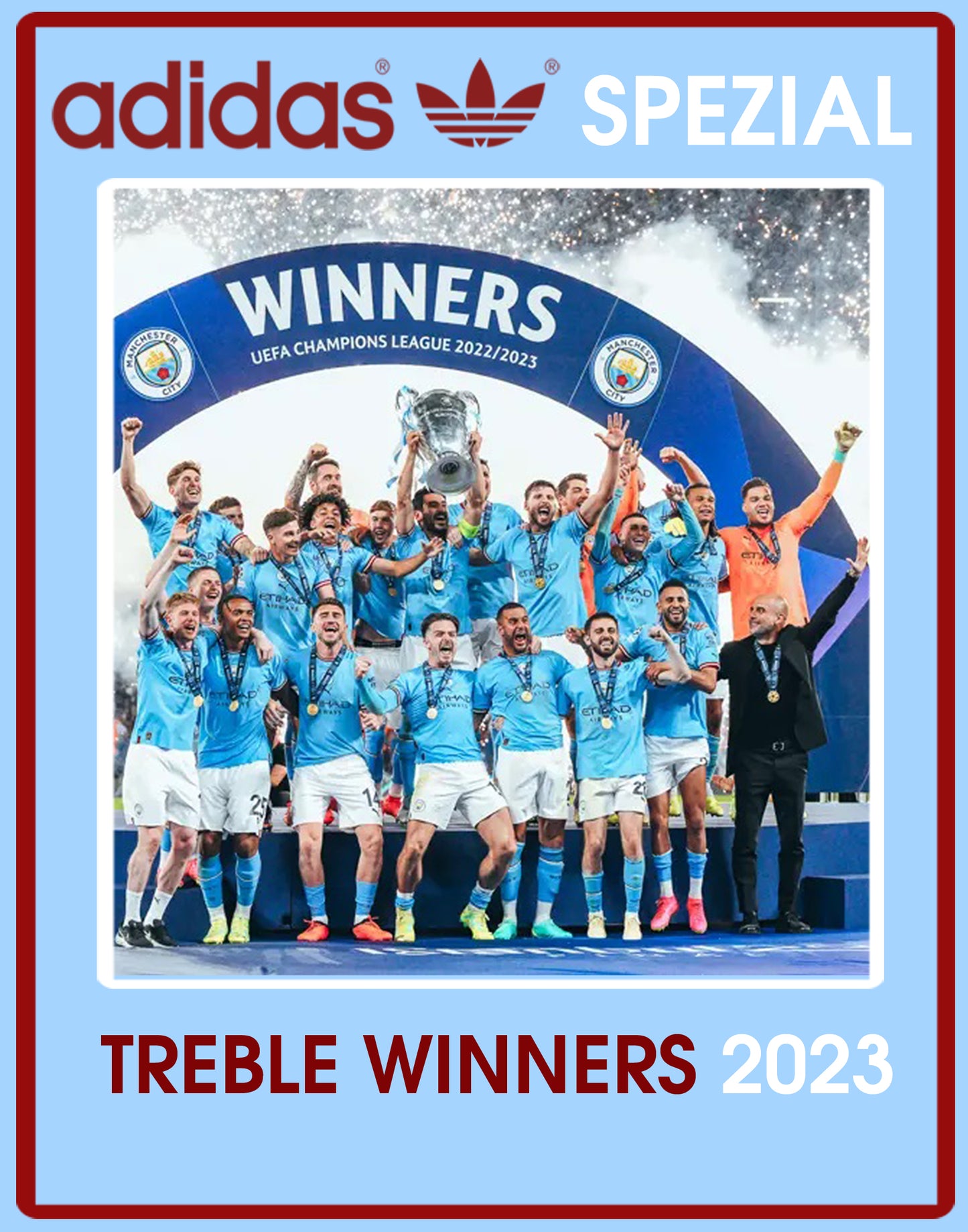 Limited edition Manchester City Treble Winners `23 inspired light blue/ white / burgundy Adidas custom Handball Spezial trainers / sneakers