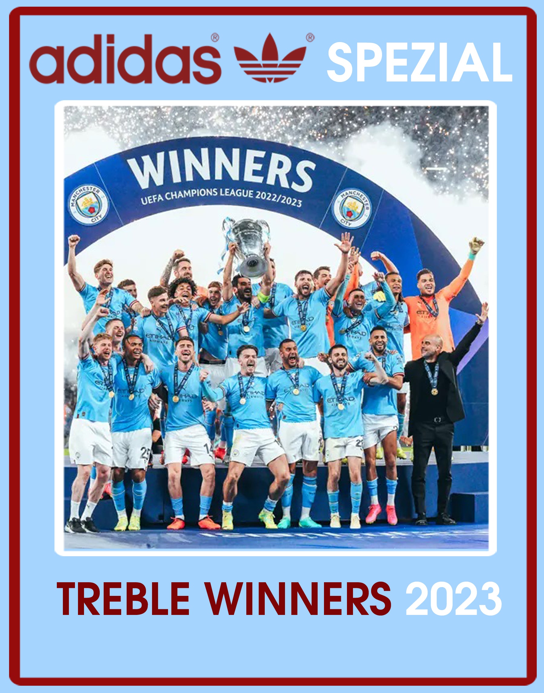 Limited edition Manchester City Treble Winners `23 inspired light blue/ white / burgundy Adidas custom Handball Spezial trainers / sneakers