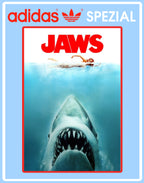 Limited edition Steven Spielberg Jaws movie inspired Sky blue / White Adidas custom Handball Spezial trainers / sneakers