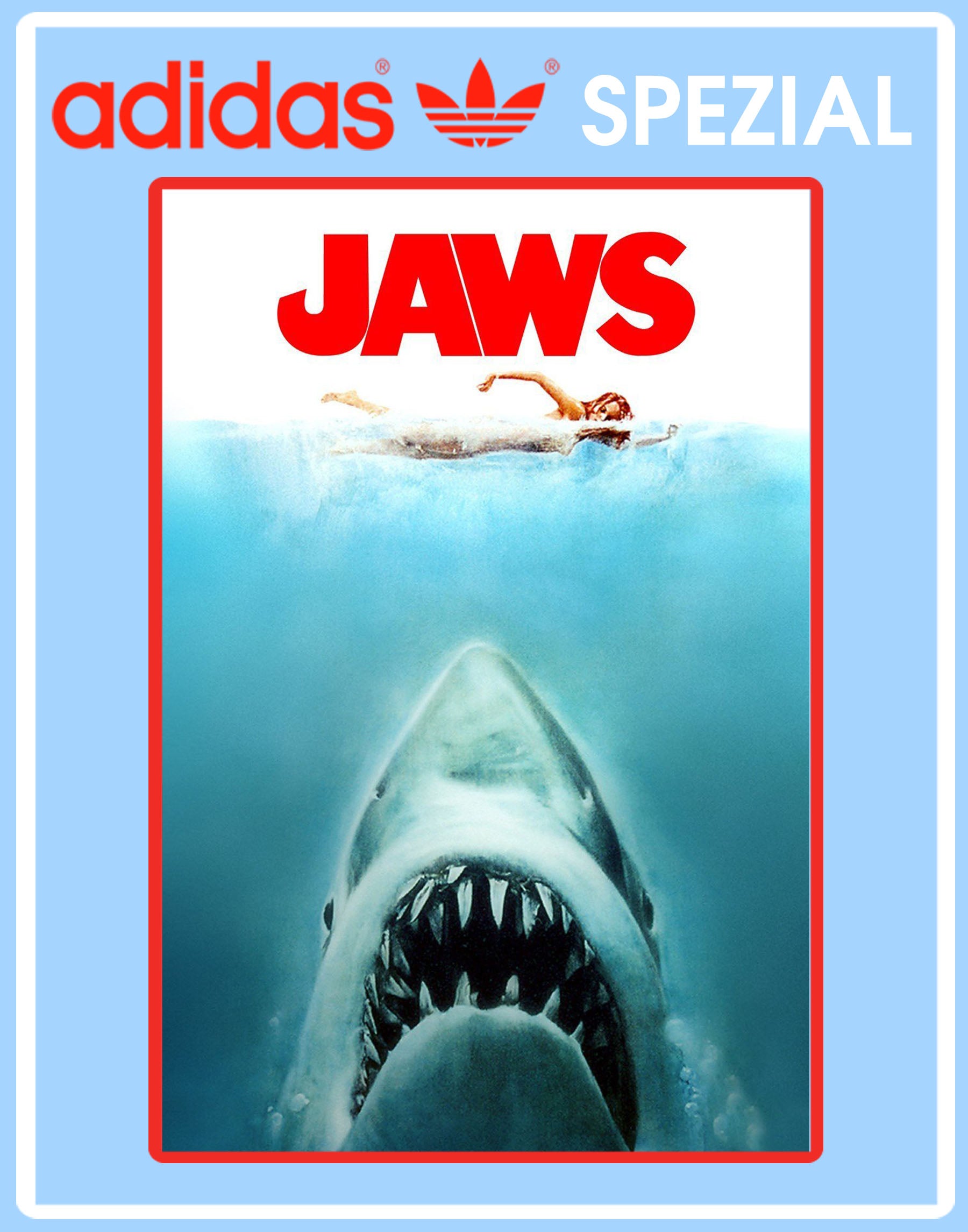 Limited edition Steven Spielberg Jaws movie inspired Sky blue / White Adidas custom Handball Spezial trainers / sneakers