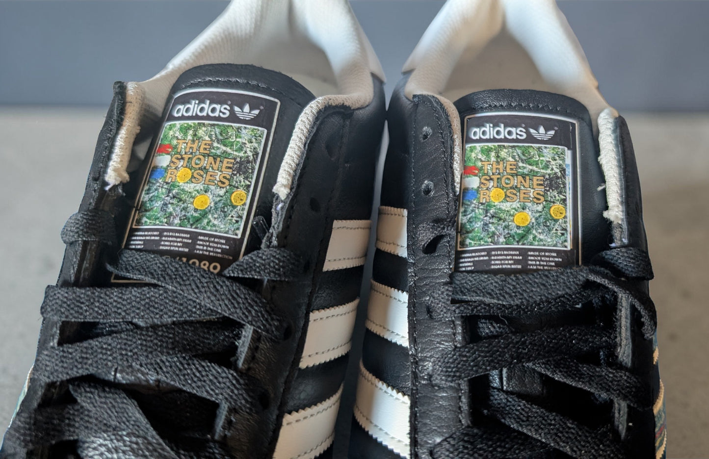 Limited edition The Stone Roses album black Adidas custom Kick 76 trainers / sneakers