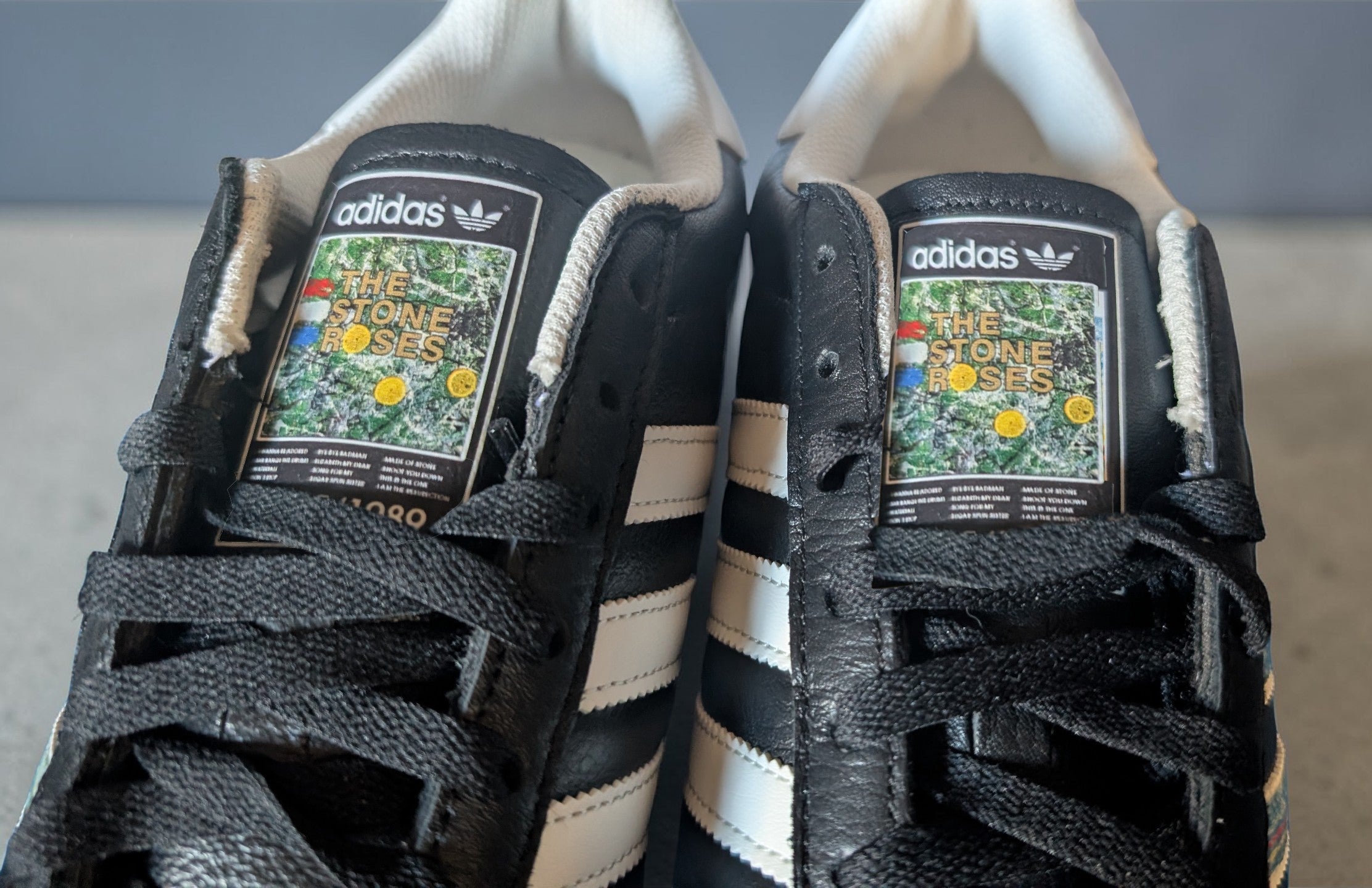 Limited edition The Stone Roses album black Adidas custom Kick 76 trainers / sneakers