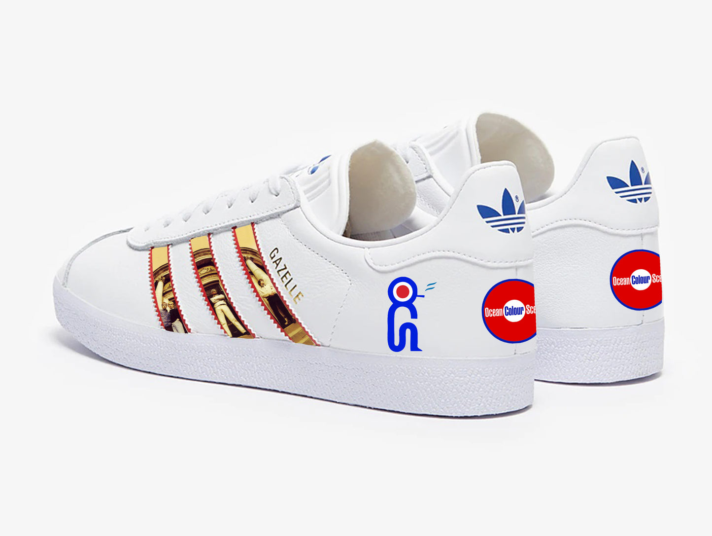 Limited edition Ocean Colour Scene Moseley Shoals custom adidas originals white / red / blue Gazelle trainers / sneakers