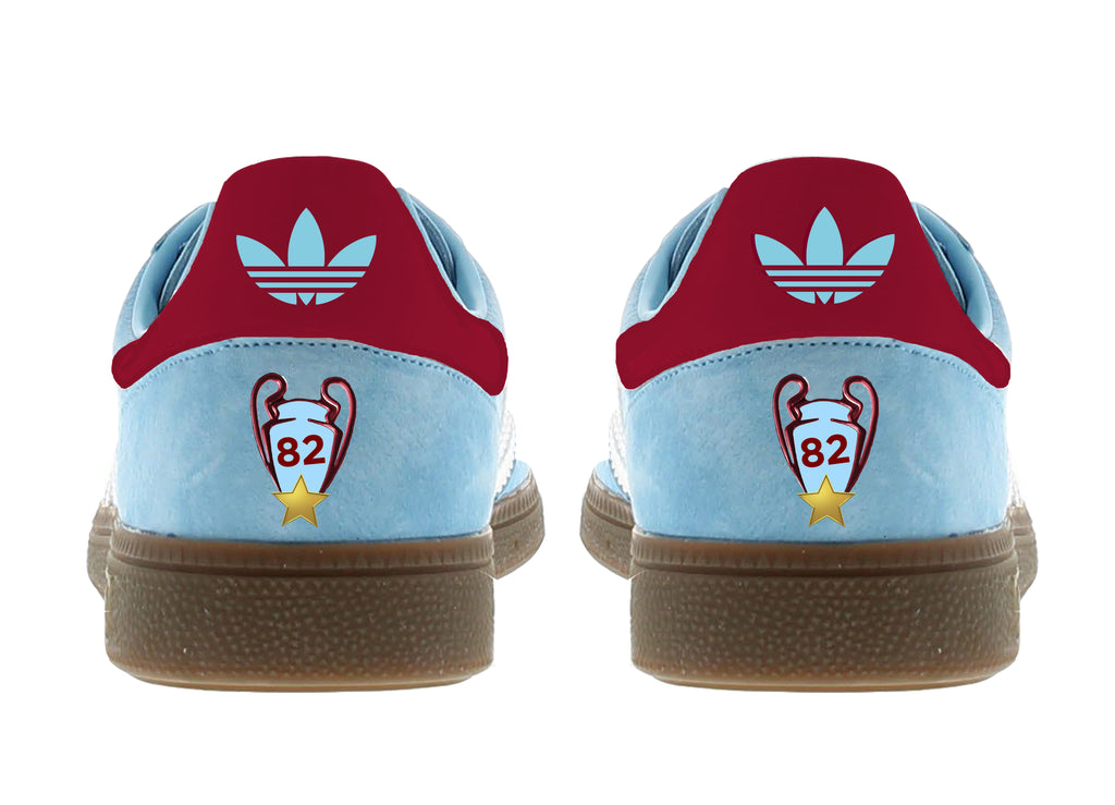 Limited edition Aston Villa European Cup winners `82 inspired light blue/ white / burgundy Adidas custom Handball Spezial trainers / sneakers