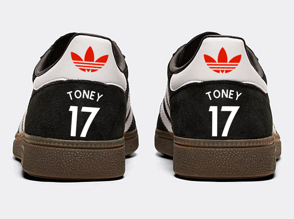 Limited edition Brentford FC Ivan Toney inspired Black / Red / white suede adidas handball spezial trainers