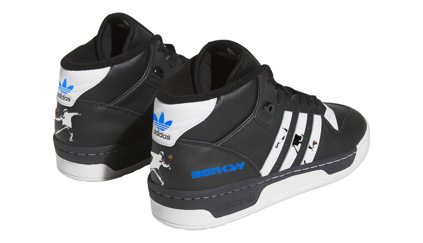 Limited edition Banksy Flower Thrower black/ white/ blue Adidas custom Rivalry Mid trainers / sneakers