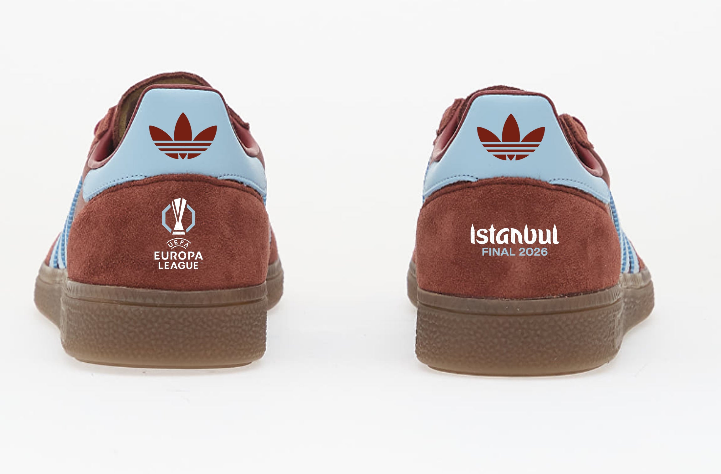 Limited edition Aston Villa Europa league winners 2026 inspired burgundy / blue Adidas custom Handball Spezial trainers / sneakers