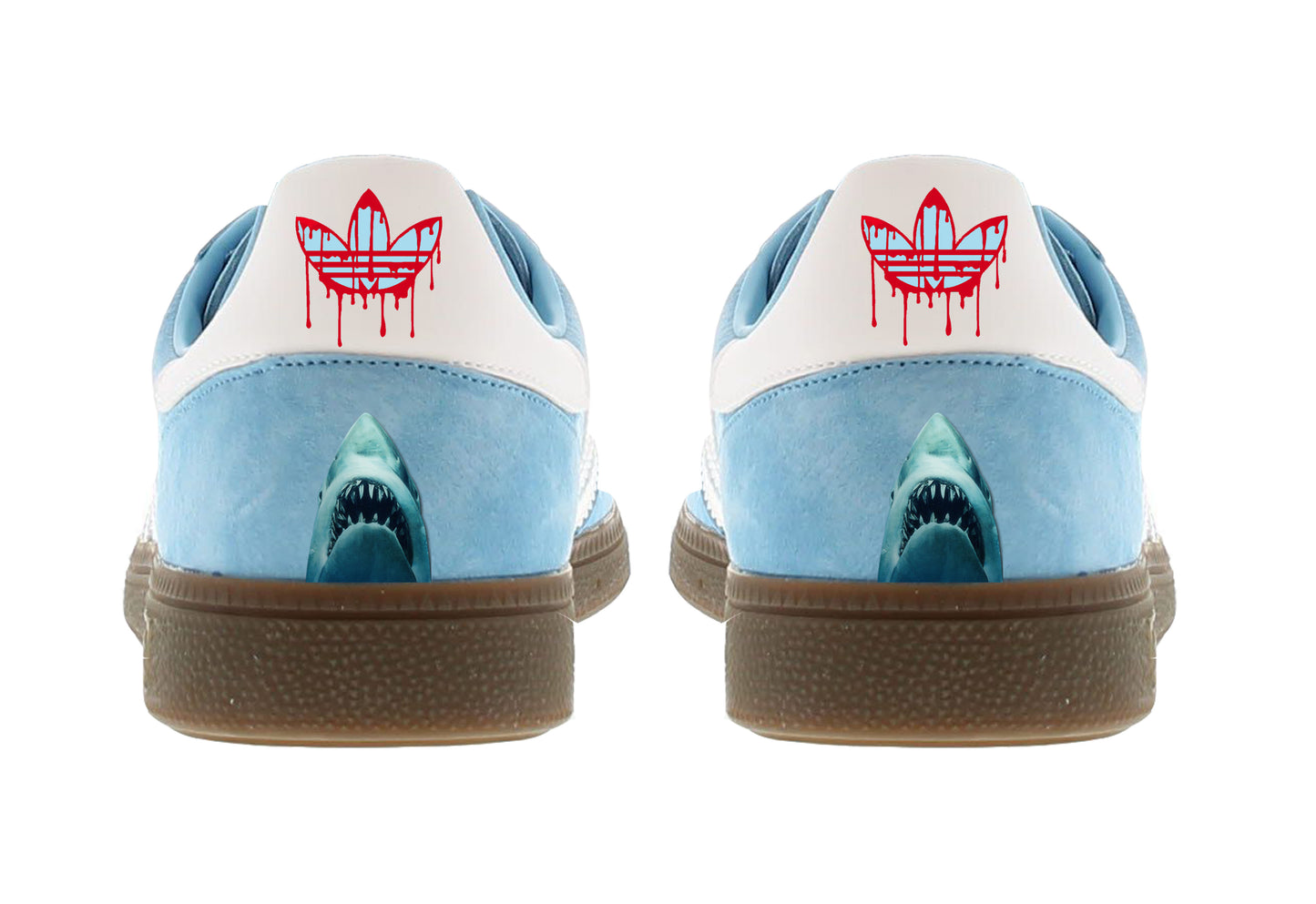 Limited edition Steven Spielberg Jaws movie inspired Sky blue / White Adidas custom Handball Spezial trainers / sneakers