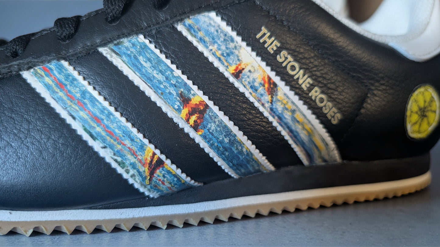 Limited edition The Stone Roses Fools gold black / white Adidas custom Kick 76 trainers / sneakers