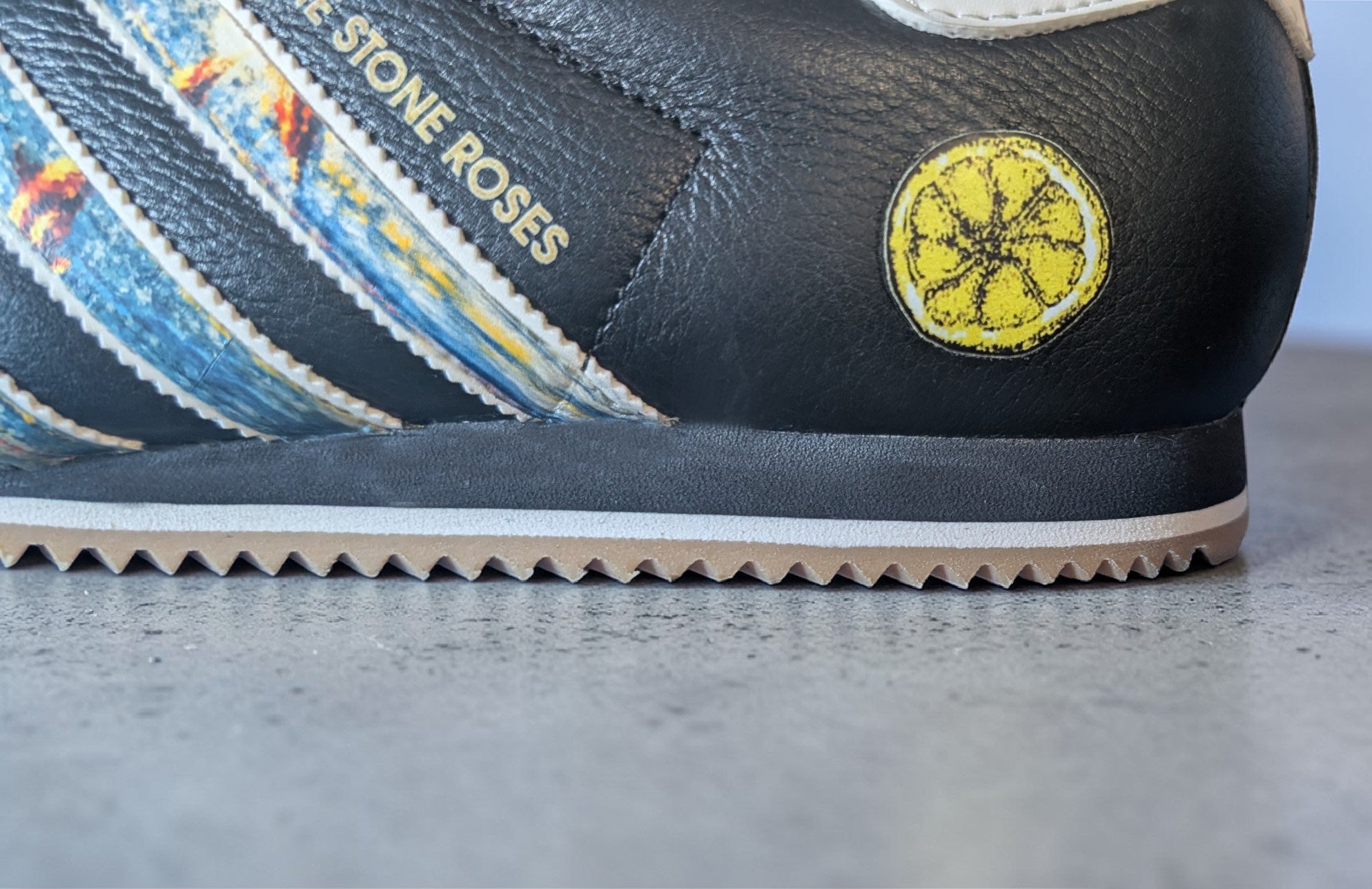 Limited edition The Stone Roses Fools gold black / white Adidas custom Kick 76 trainers / sneakers