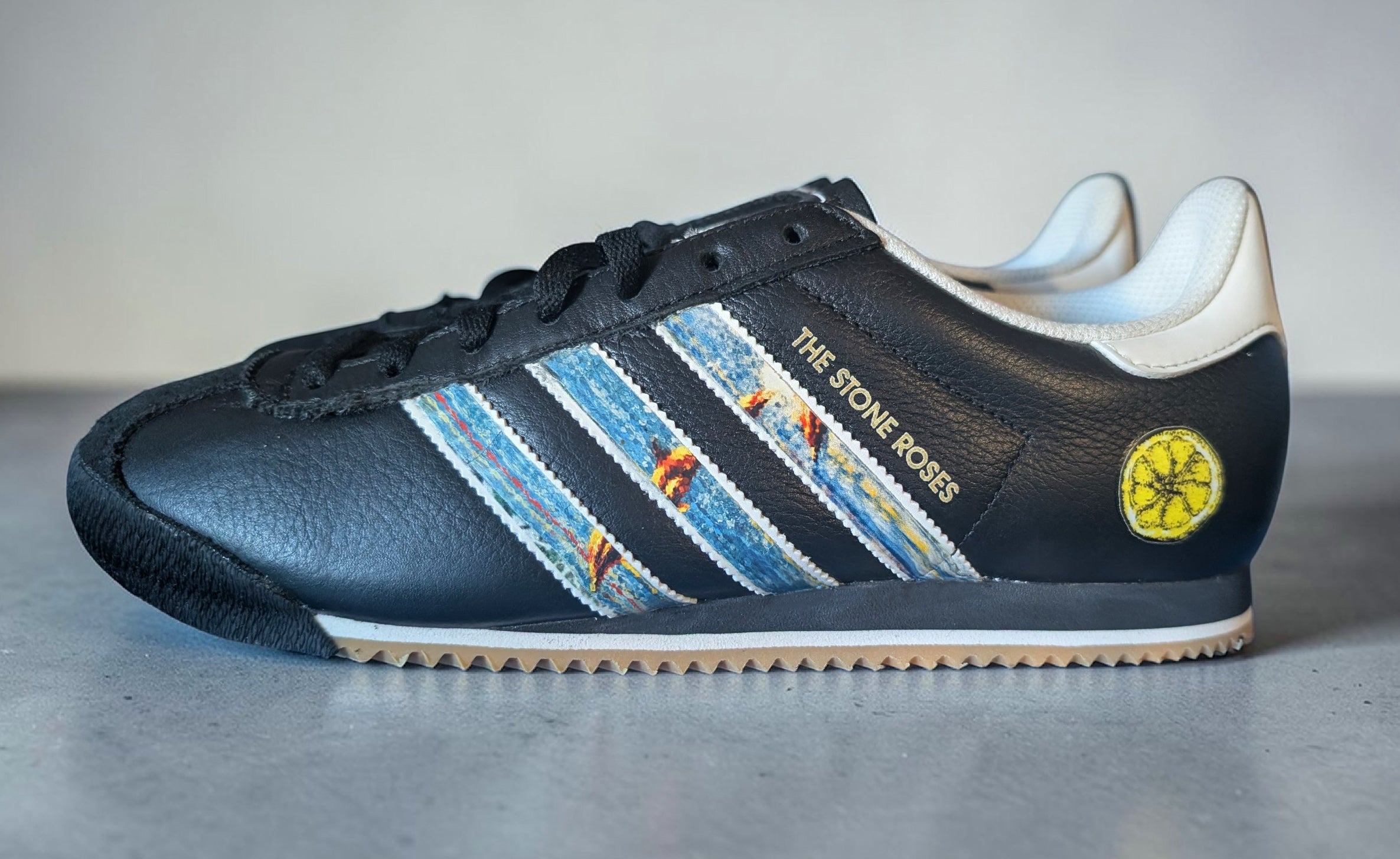 Limited edition The Stone Roses Fools gold black / white Adidas custom Kick 76 trainers / sneakers