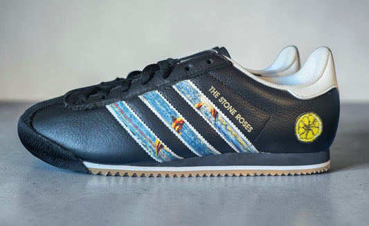 Limited edition The Stone Roses Fools gold black / white Adidas custom Kick 76 trainers / sneakers