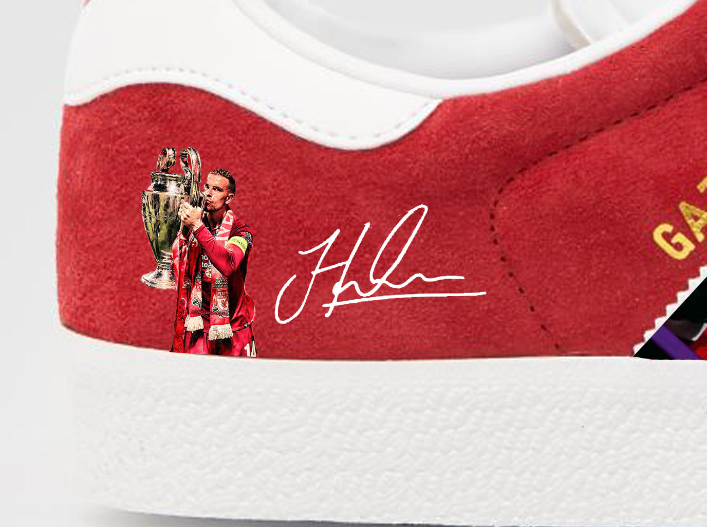 Limited edition Liverpool FC Jordan Henderson inspired red / white Adidas custom Gazelle trainers / sneakers