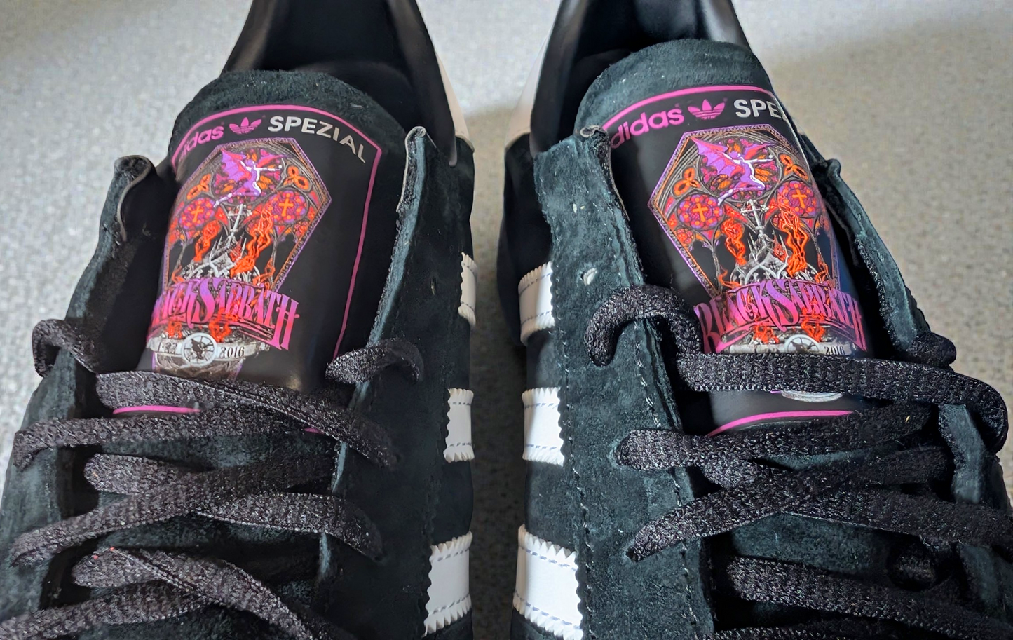 Limited edition Black Sabbath Ozzy Osbourne inspired black / purple  Adidas custom Handball Spezial trainers / sneakers