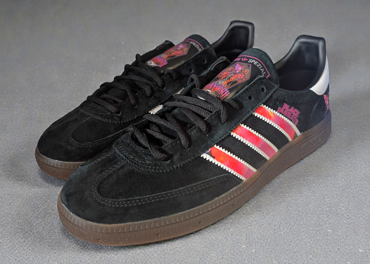 Limited edition Black Sabbath Ozzy Osbourne inspired black / purple  Adidas custom Handball Spezial trainers / sneakers