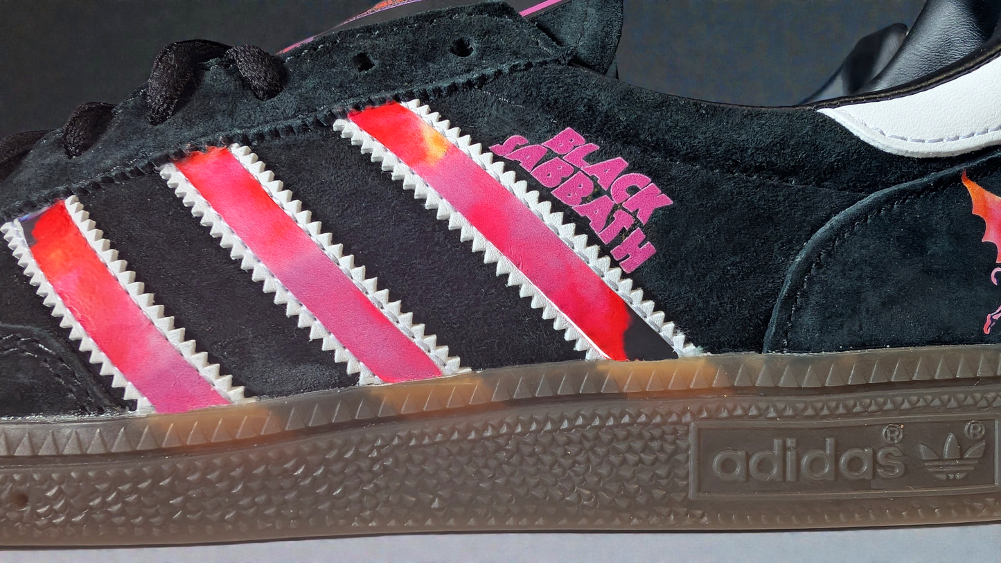 Limited edition Black Sabbath Ozzy Osbourne inspired black / purple  Adidas custom Handball Spezial trainers / sneakers