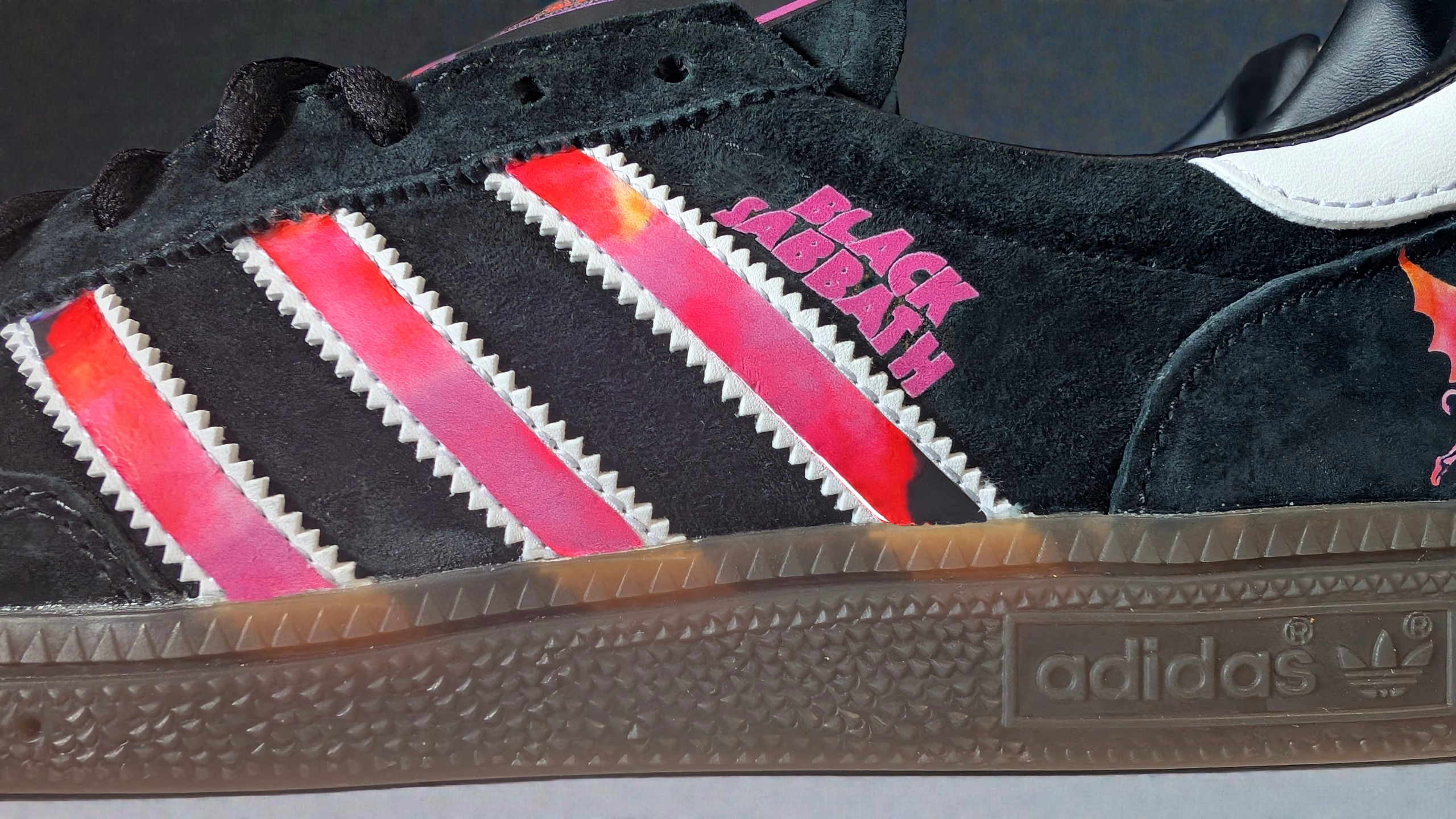 Limited edition Black Sabbath Ozzy Osbourne inspired black / purple  Adidas custom Handball Spezial trainers / sneakers