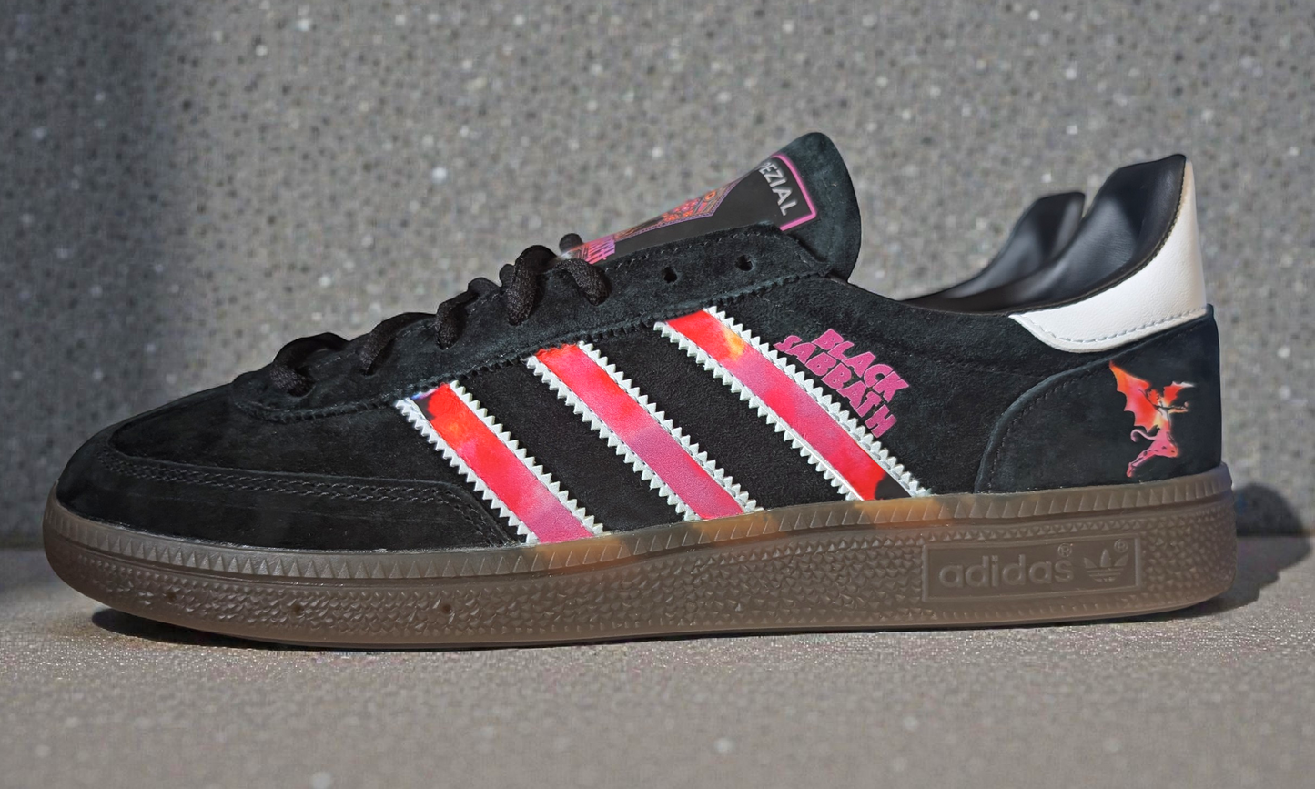 Limited edition Black Sabbath Ozzy Osbourne inspired black / purple  Adidas custom Handball Spezial trainers / sneakers