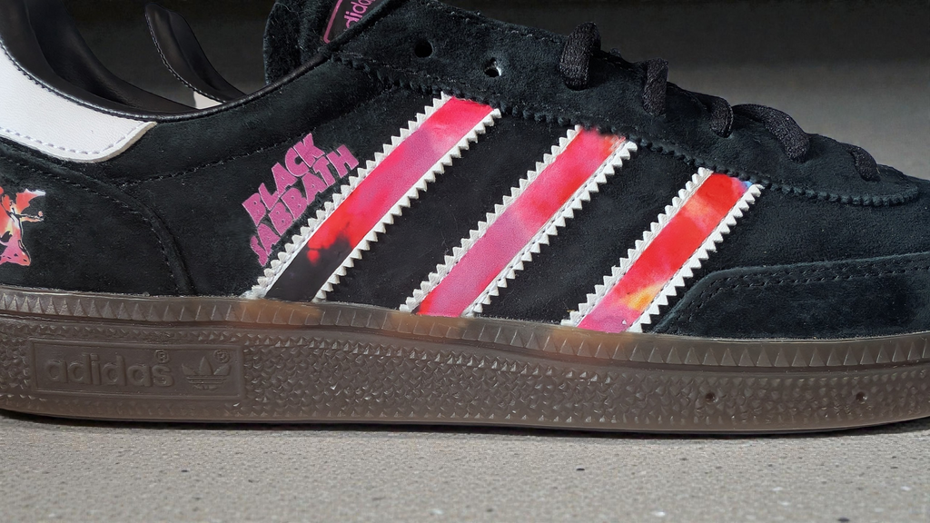 Limited edition Black Sabbath Ozzy Osbourne inspired black / purple  Adidas custom Handball Spezial trainers / sneakers
