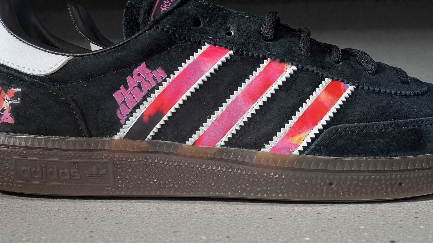 Limited edition Black Sabbath Ozzy Osbourne inspired black / purple  Adidas custom Handball Spezial trainers / sneakers