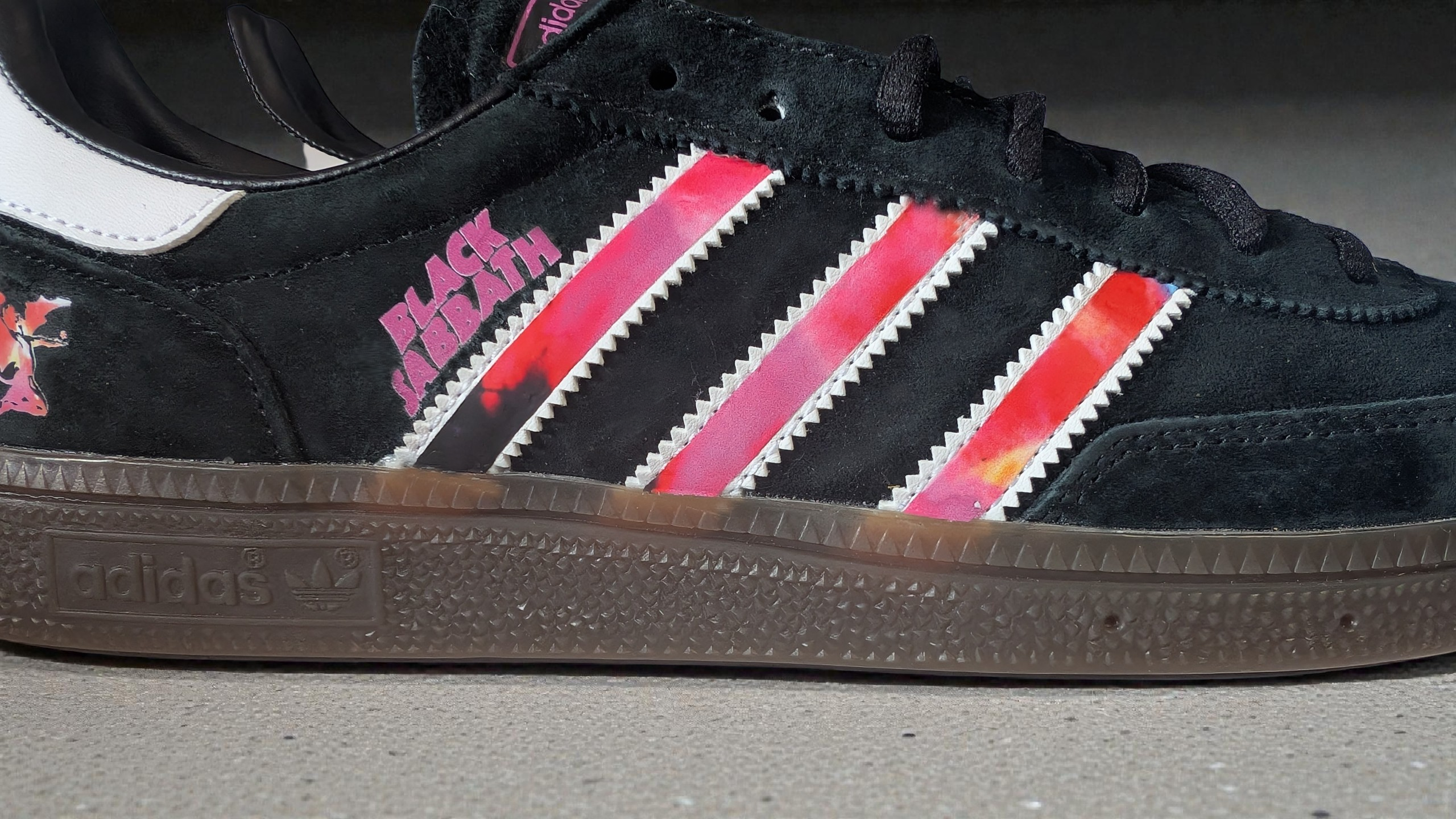 Limited edition Black Sabbath Ozzy Osbourne inspired black / purple  Adidas custom Handball Spezial trainers / sneakers