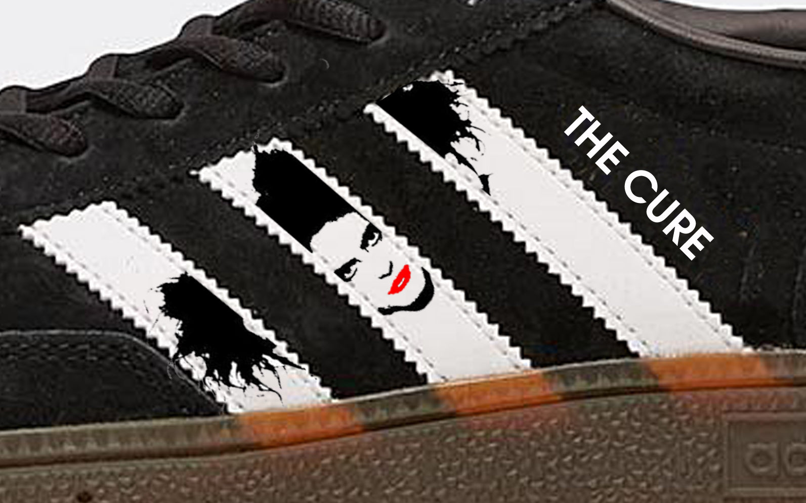 Limited edition The Cure Robert Smith inspired black / white  Adidas custom Handball Spezial trainers / sneakers