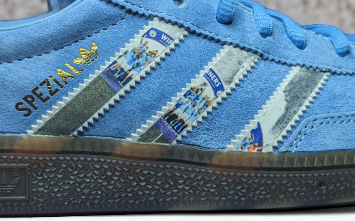 Limited edition Manchester City Treble Winners `23 inspired light blue/ white / burgundy Adidas custom Handball Spezial trainers / sneakers