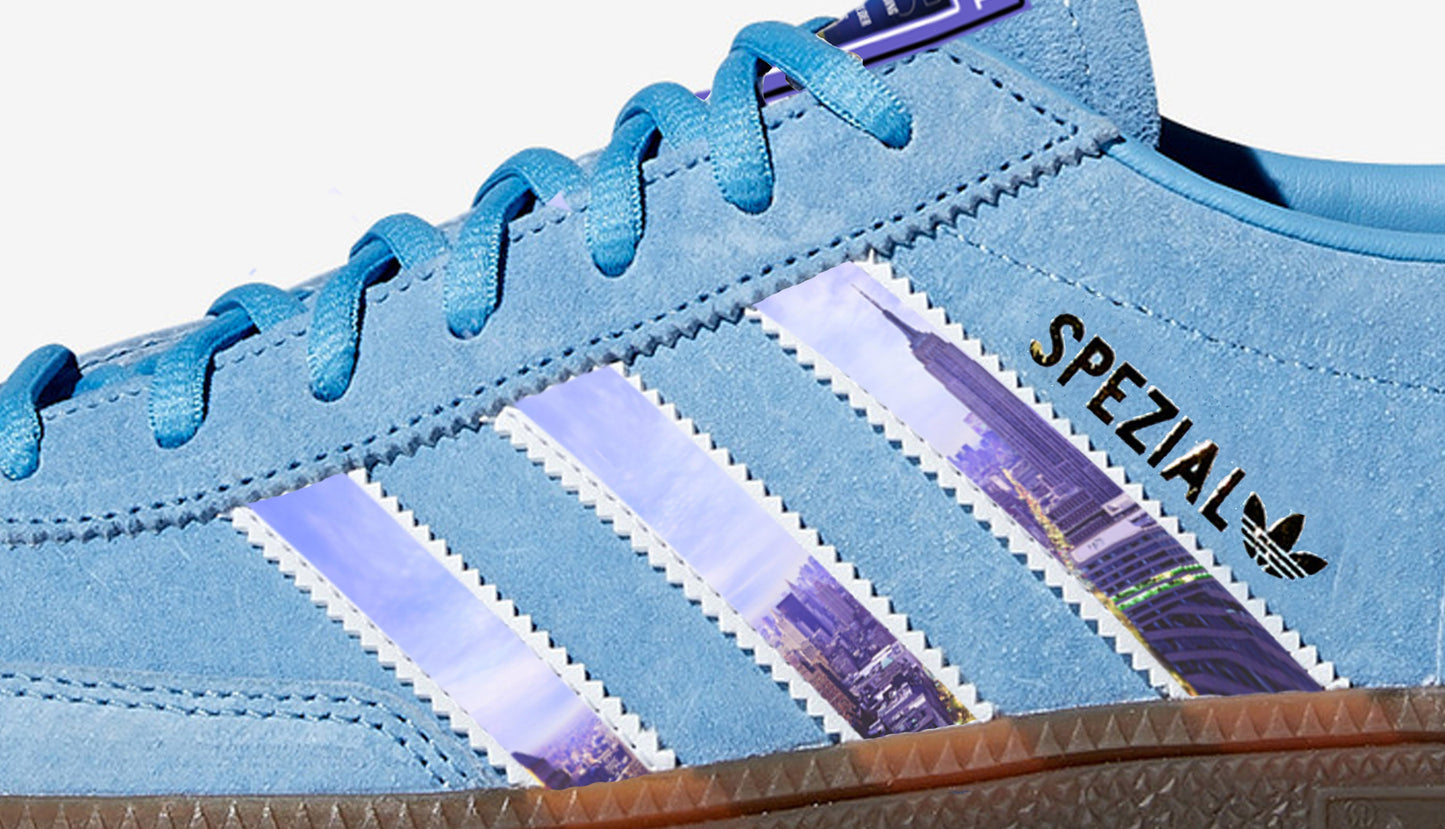 Limited edition Oasis Standing on the shoulders of Giants inspired Light Blue Adidas Spezial trainers / sneakers