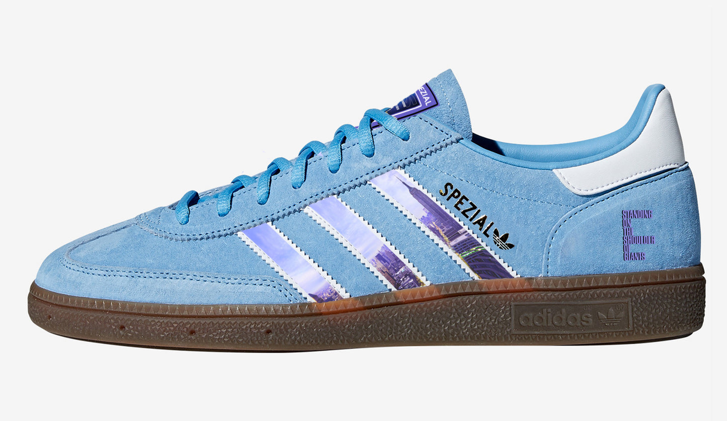 Limited edition Oasis Standing on the shoulders of Giants inspired Light Blue Adidas Spezial trainers / sneakers