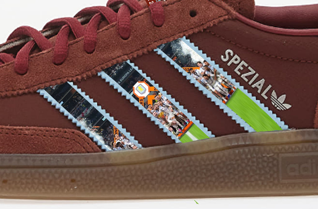 Limited edition Aston Villa Europa league winners 2026 inspired burgundy / blue Adidas custom Handball Spezial trainers / sneakers