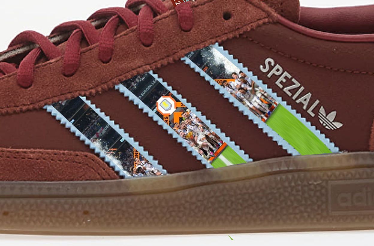 Limited edition Aston Villa Europa league winners 2026 inspired burgundy / blue Adidas custom Handball Spezial trainers / sneakers