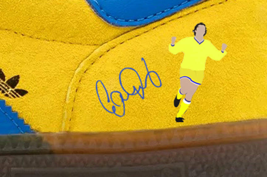 Limited edition Leeds Utd FC retro Gary Speed yellow / blue Adidas custom Spezial trainers / sneakers