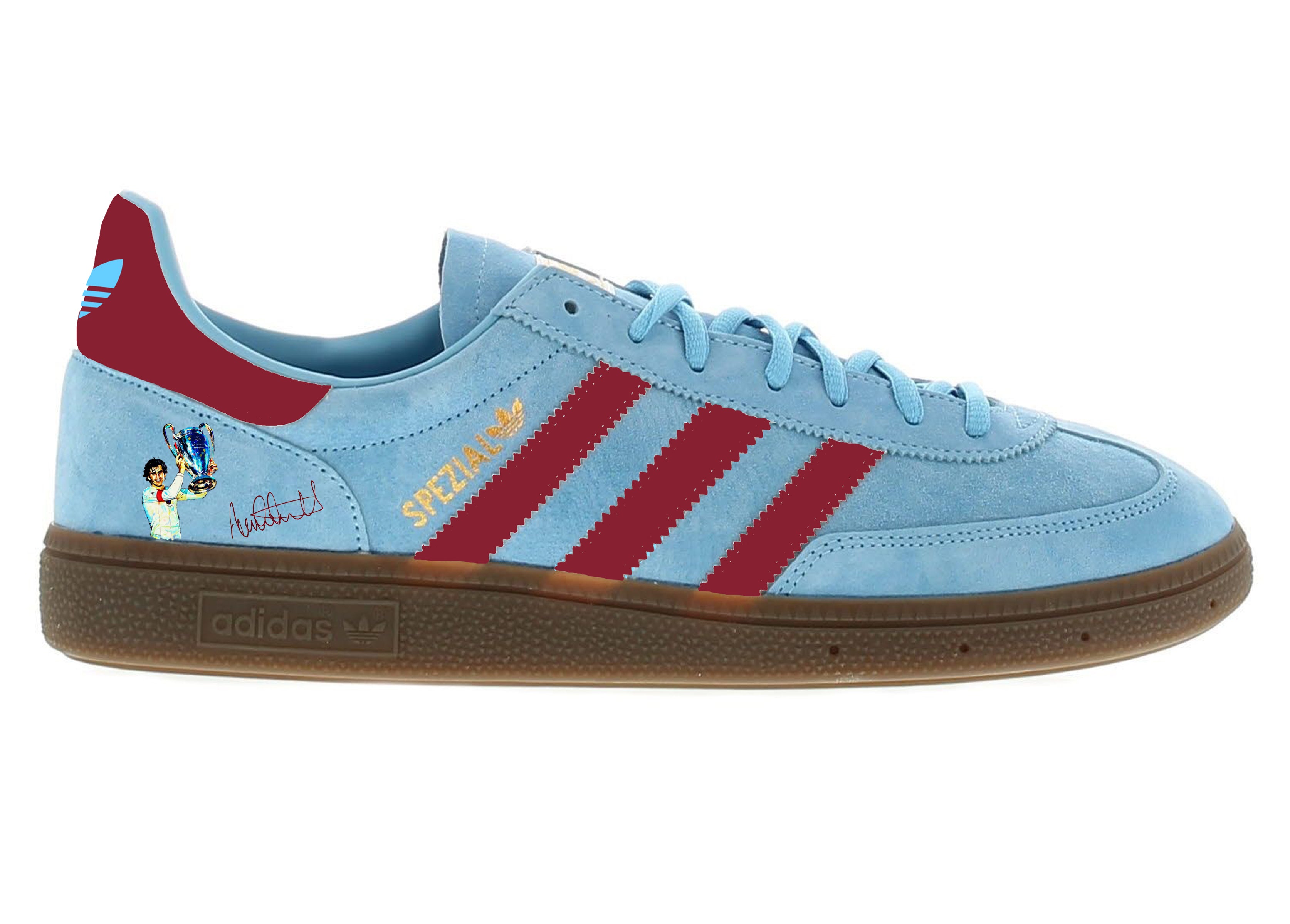 Limited edition Aston Villa European Cup winners `82 inspired light blue/ white / burgundy Adidas custom Handball Spezial trainers / sneakers