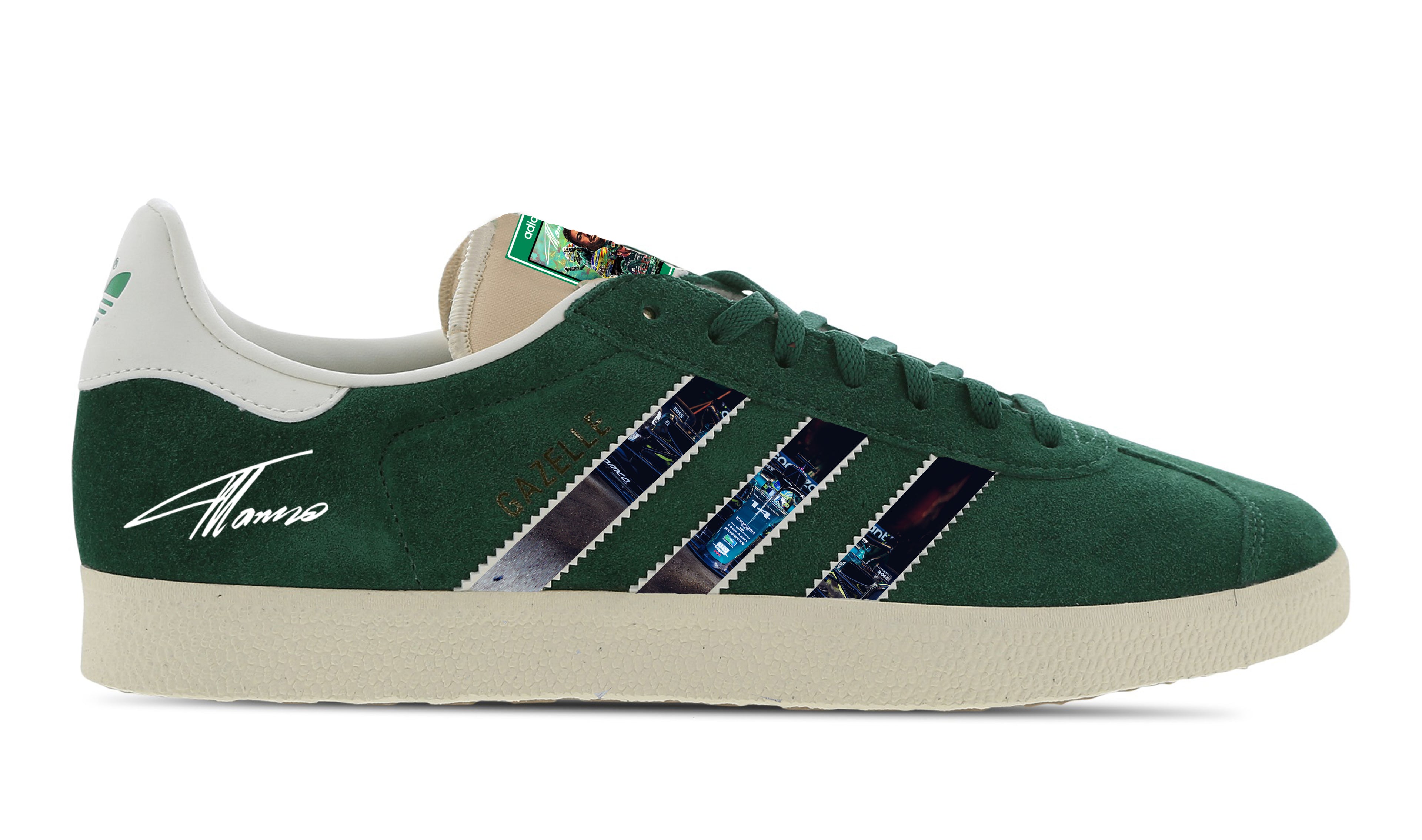 Limited edition F1 Fernando Alonso Adidas custom green Gazelle trainer Sneakcustomtrainers.com Limited edition F1 Fernando Alonso Adidas custom green Gazelle trainer Sneakcustomtrainers.com