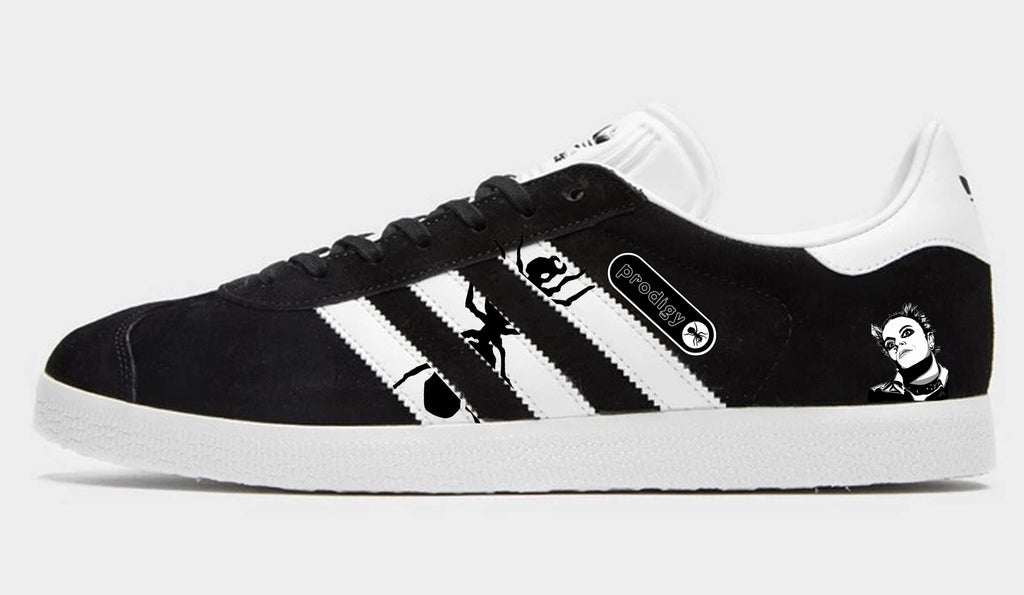 Limited edition The Prodigy / Keith Flint inspired Black  Adidas custom Gazelle trainers / sneakers