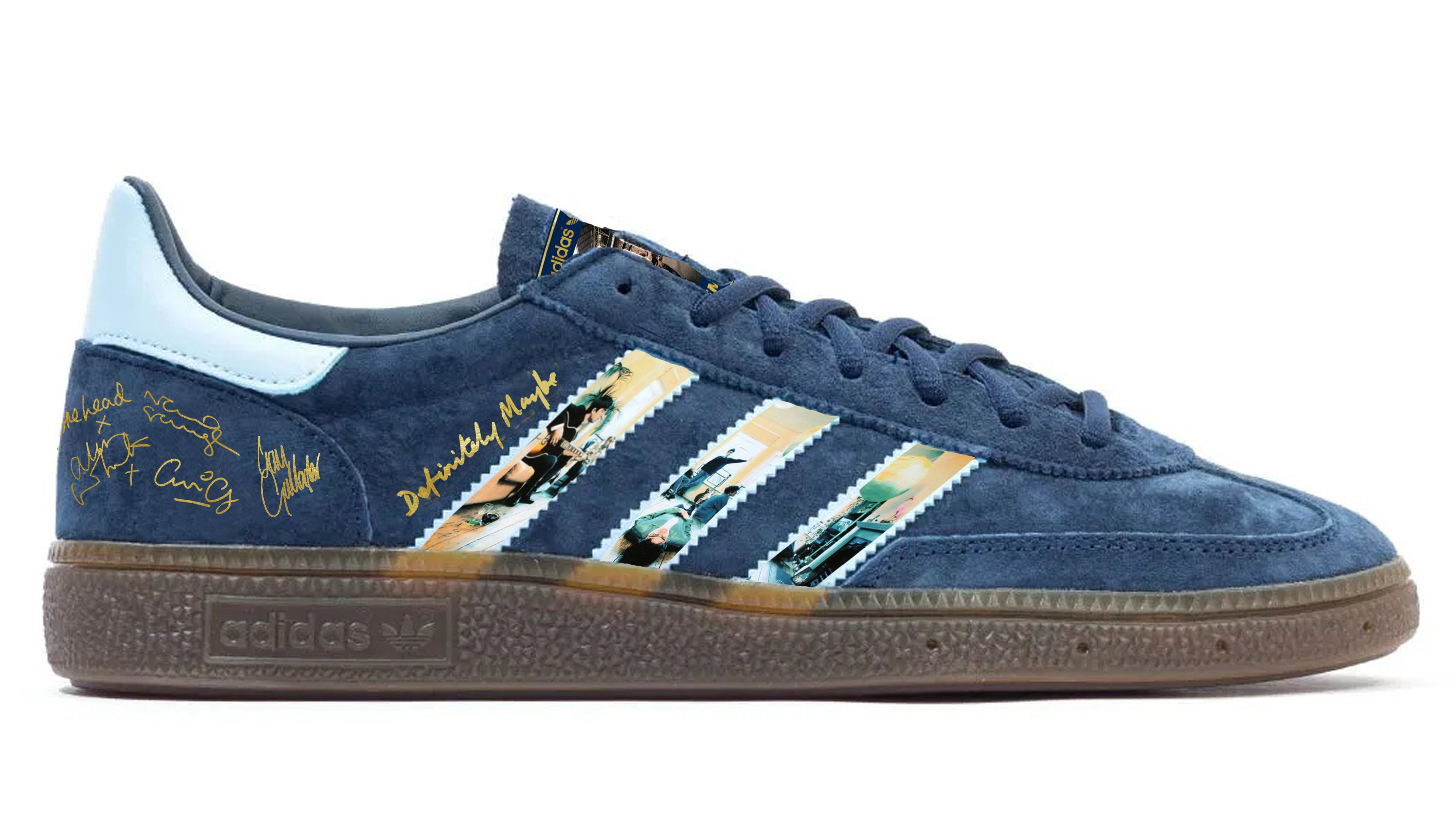 Limited edition Oasis Definitely maybe / Gold signatures navy blue Adidas custom Handball Spezial trainers / sneakers