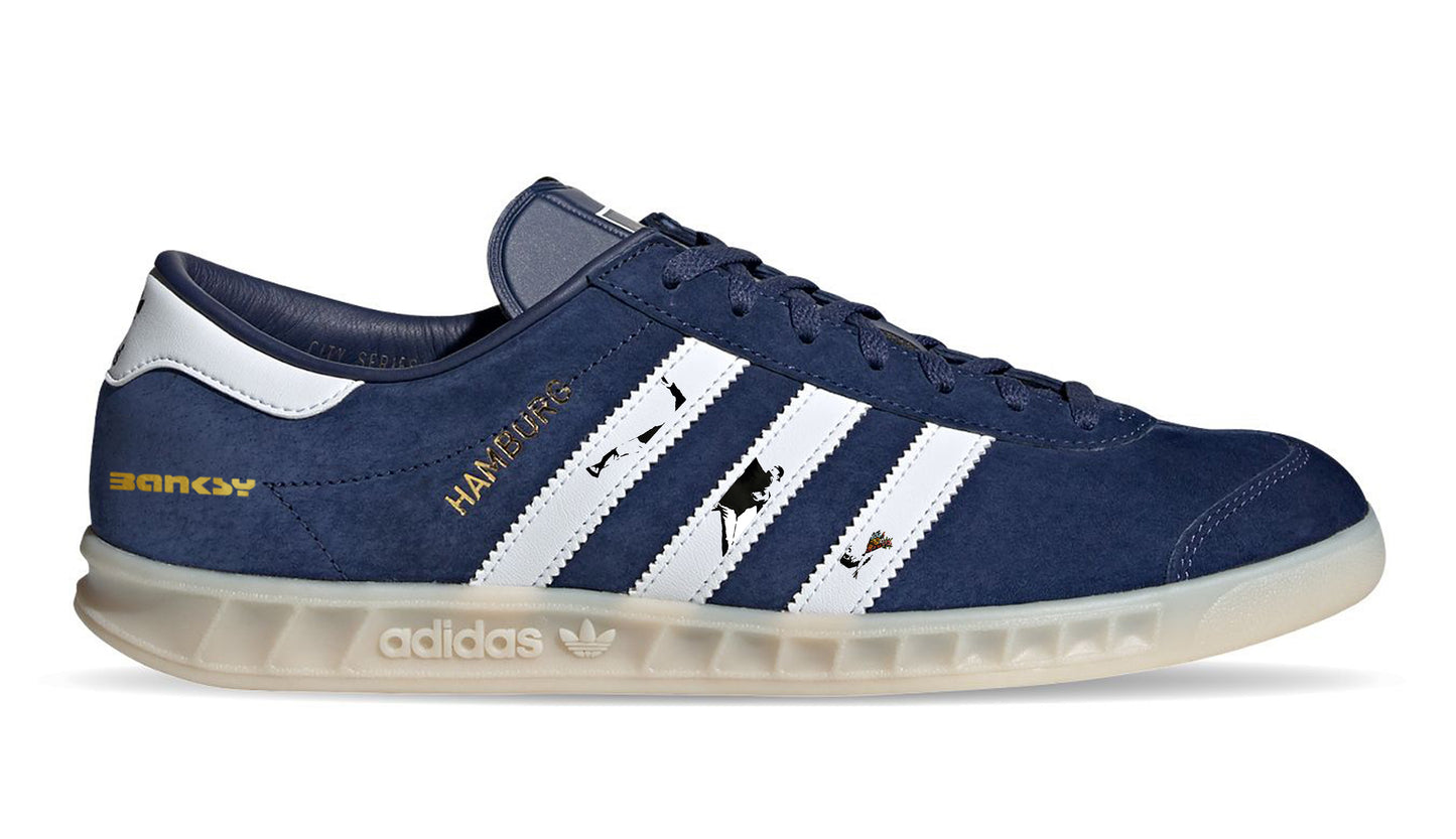 Limited edition Banksy Flower Thrower blue/ white/ gold Adidas custom Hamburg trainers / sneakers