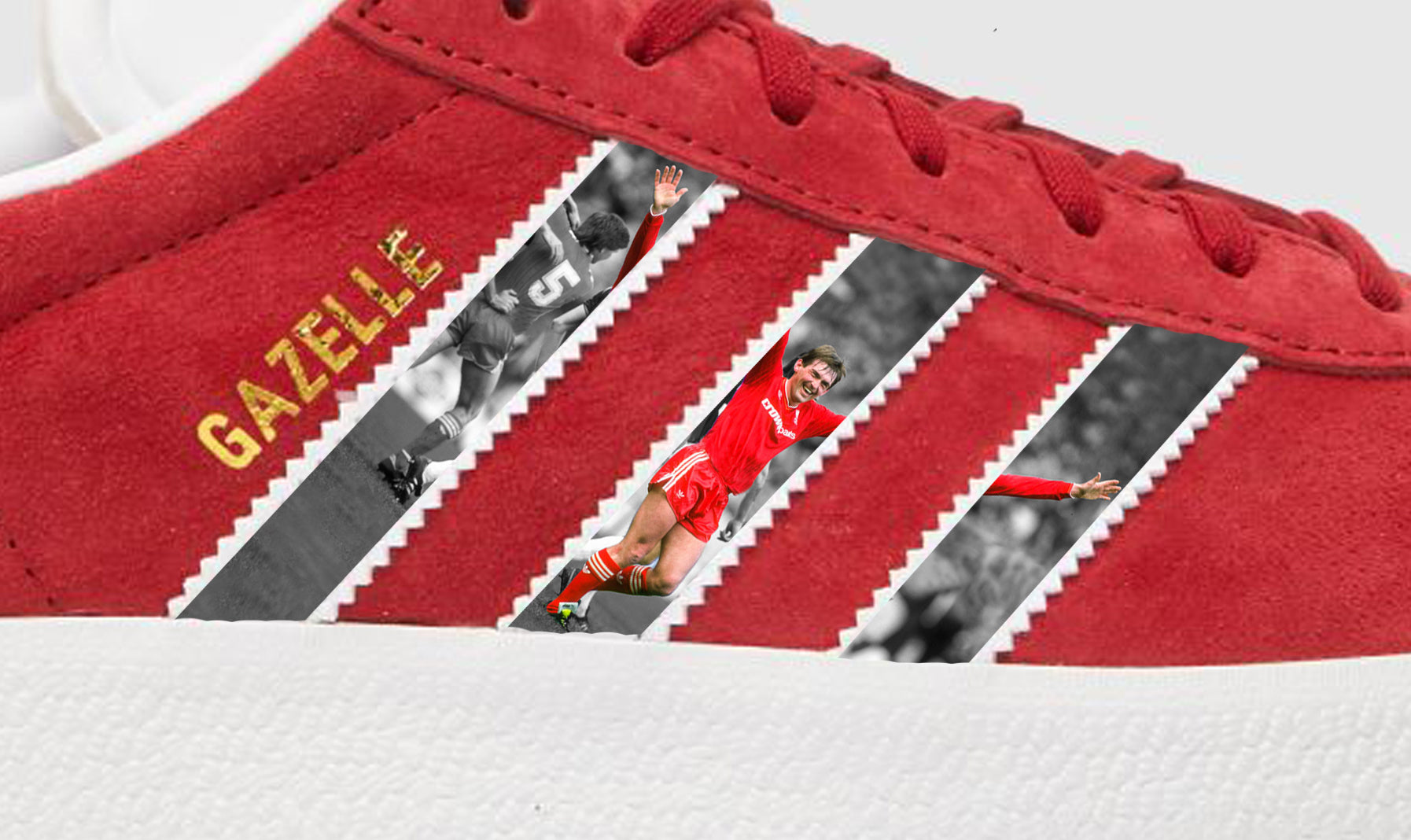 Limited edition Liverpool FC Kenny Dalglish inspired red / white Adidas custom Gazelle trainers / sneakers