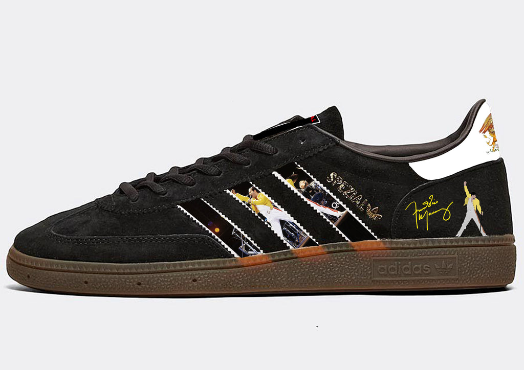 Limited edition Queen - Freddy Mercury / Brian May black / white Adidas custom Handball Spezial trainers / sneakers