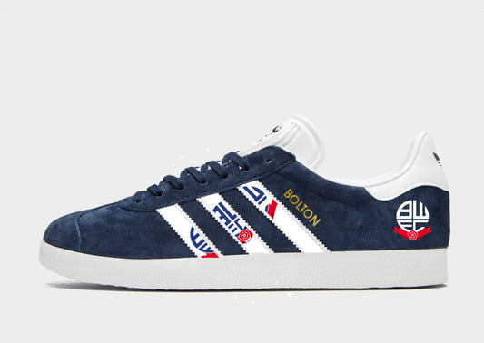 Limited edition Adidas Bolton Wanderers navy blue / white / red Gazelle trainers / sneakers