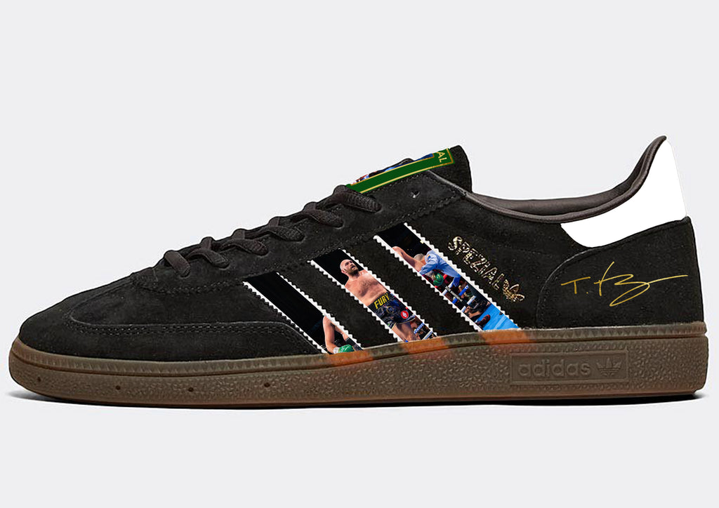 Limited edition Tyson Fury inspired Black / Gold / Green Adidas custom Handball Spezial trainers / sneakers