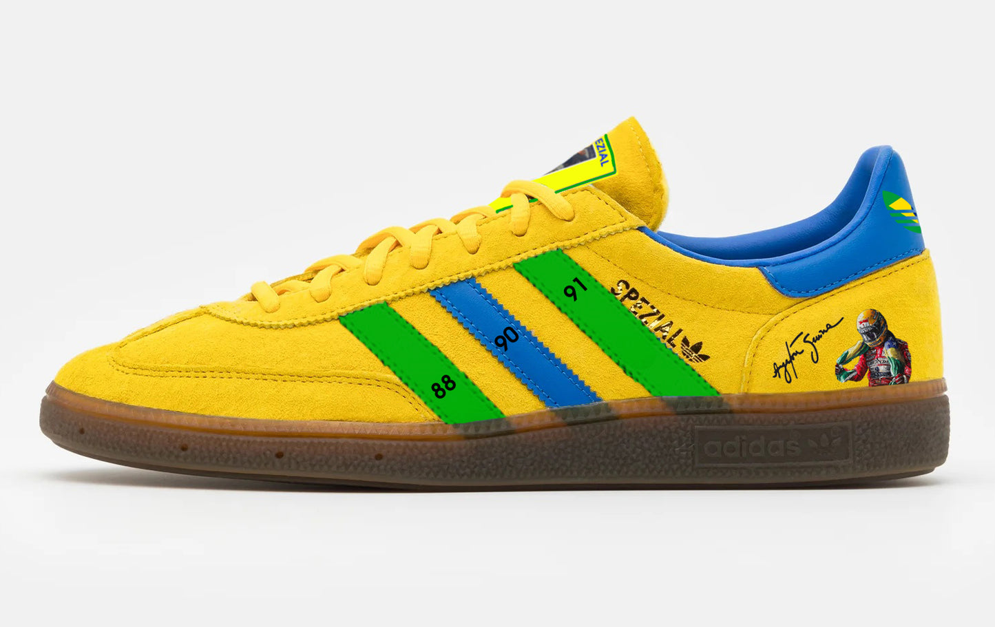 Limited edition F1 Ayrton Senna Yellow  / Green / Blue Adidas custom Handball Spezial trainers / sneakers