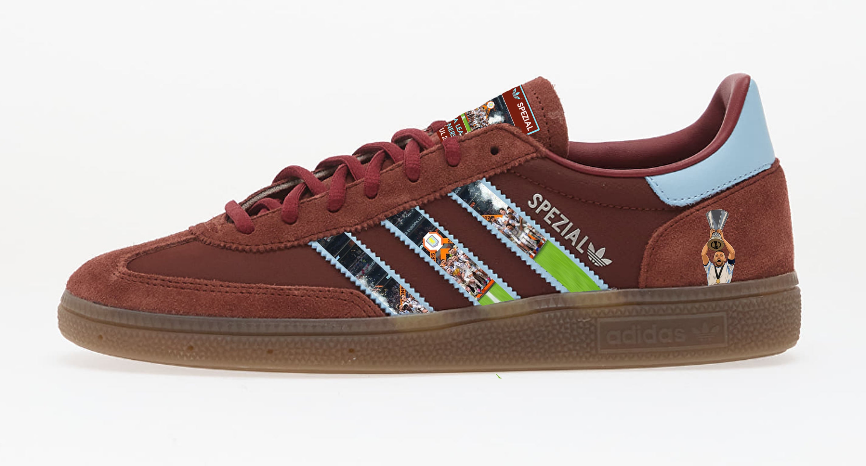Limited edition Aston Villa Europa league winners 2026 inspired burgundy / blue Adidas custom Handball Spezial trainers / sneakers