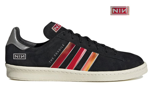 Limited edition Nine Inch Nails "The Fragile" black / silver Adidas custom Campus trainers / sneakers