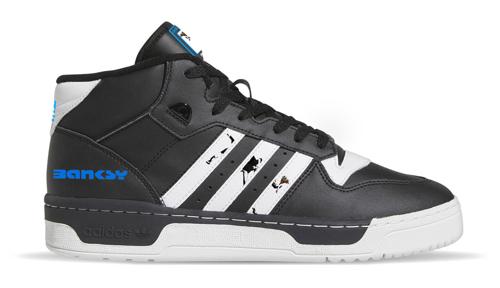 Limited edition Banksy Flower Thrower black/ white/ blue Adidas custom Rivalry Mid trainers / sneakers